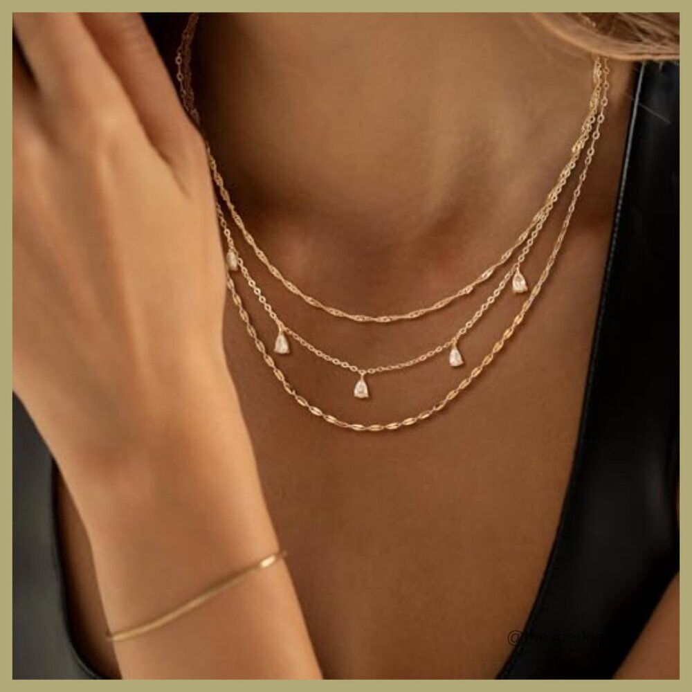 14k Gold Plated Layered Necklace Set with CZ Choker - Picture 3 of 7